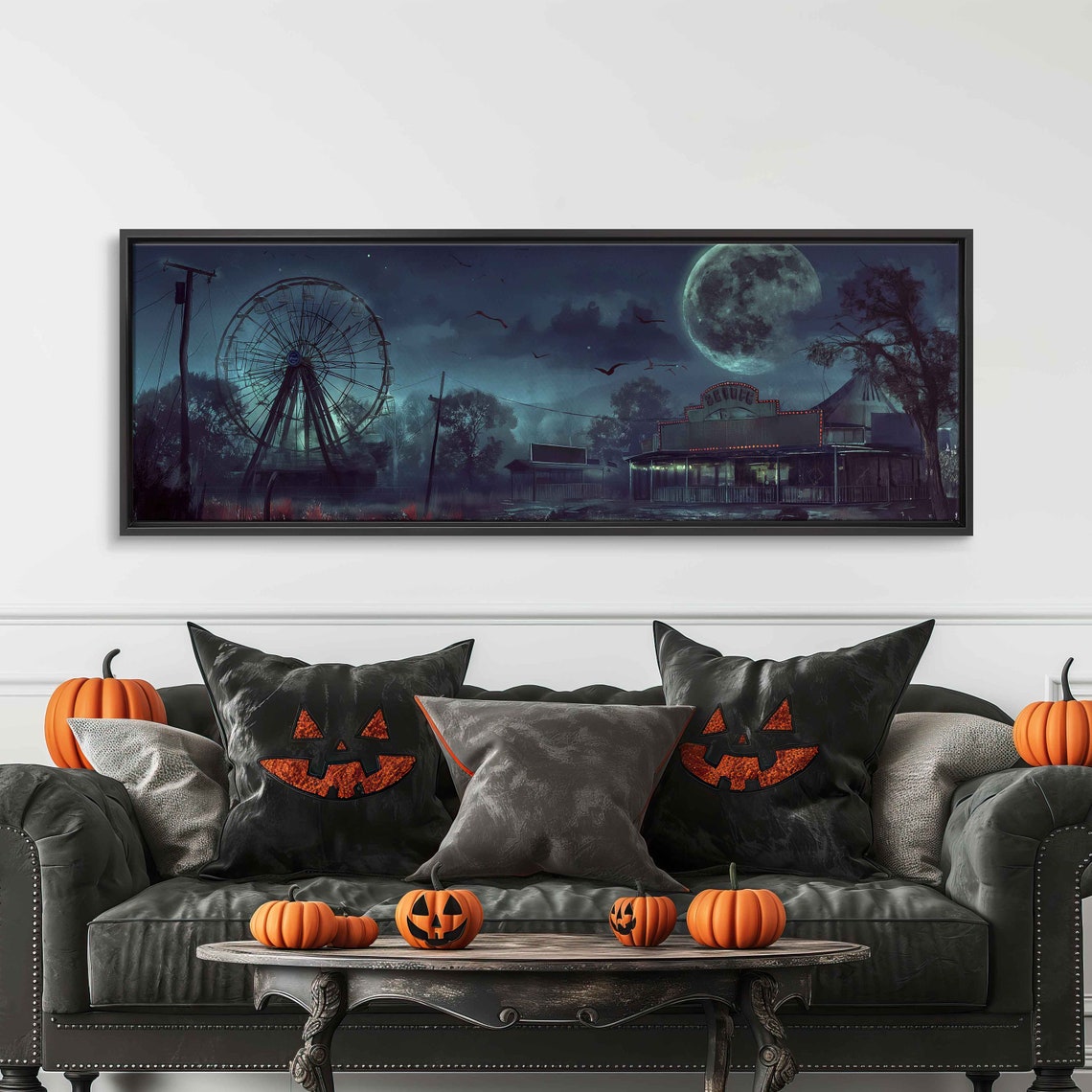 Abandoned Carnival Ferris Wheel Foggy Night Spooky Panoramic Poster