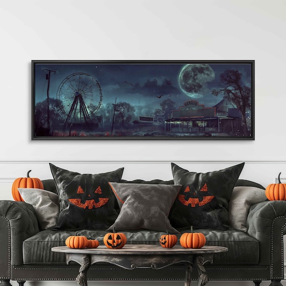 Abandoned Carnival Ferris Wheel Foggy Night Spooky Panoramic Poster