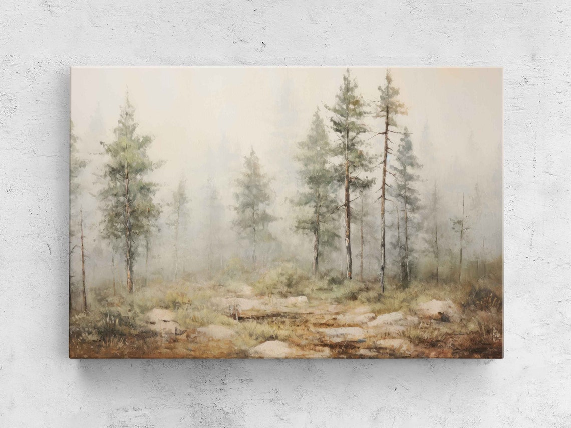 Foggy Pine Forest Mist Impressionist Woodland Wall Art Poster
