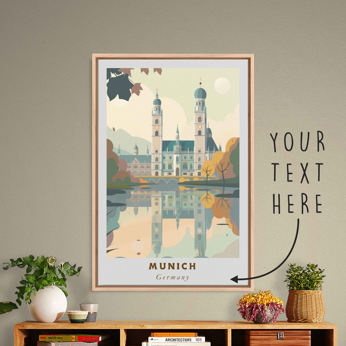 Munich Germany Twin Domed Church River Reflection Travel Poster