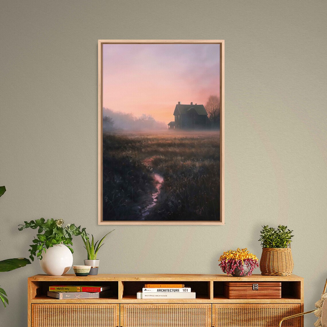 Misty Farmhouse Sunrise Pink Marshland Stream Oil Painting Wall Art - Image 3