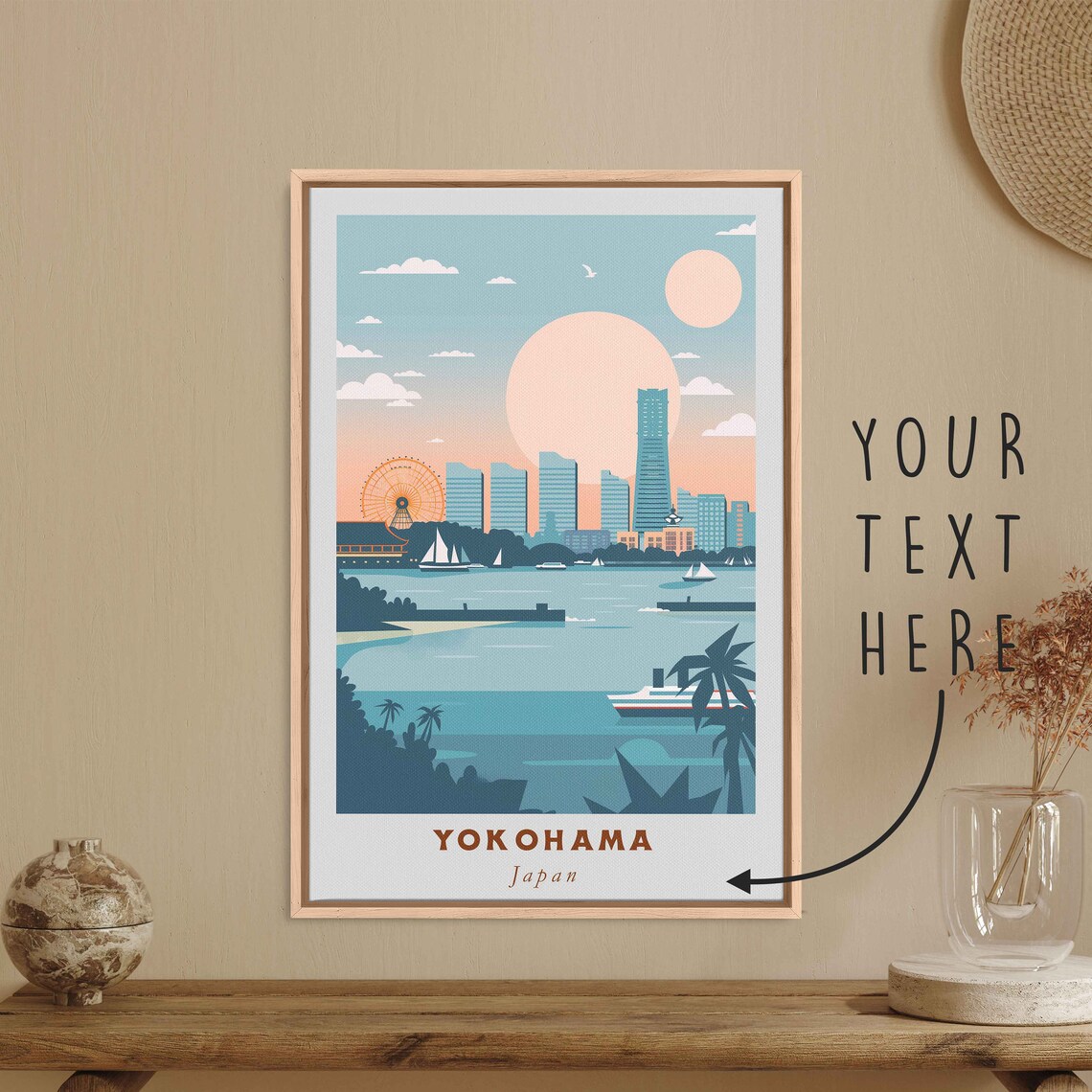 Yokohama Japan Harbor Ferris Wheel Skyline Sunset Coast Travel Poster