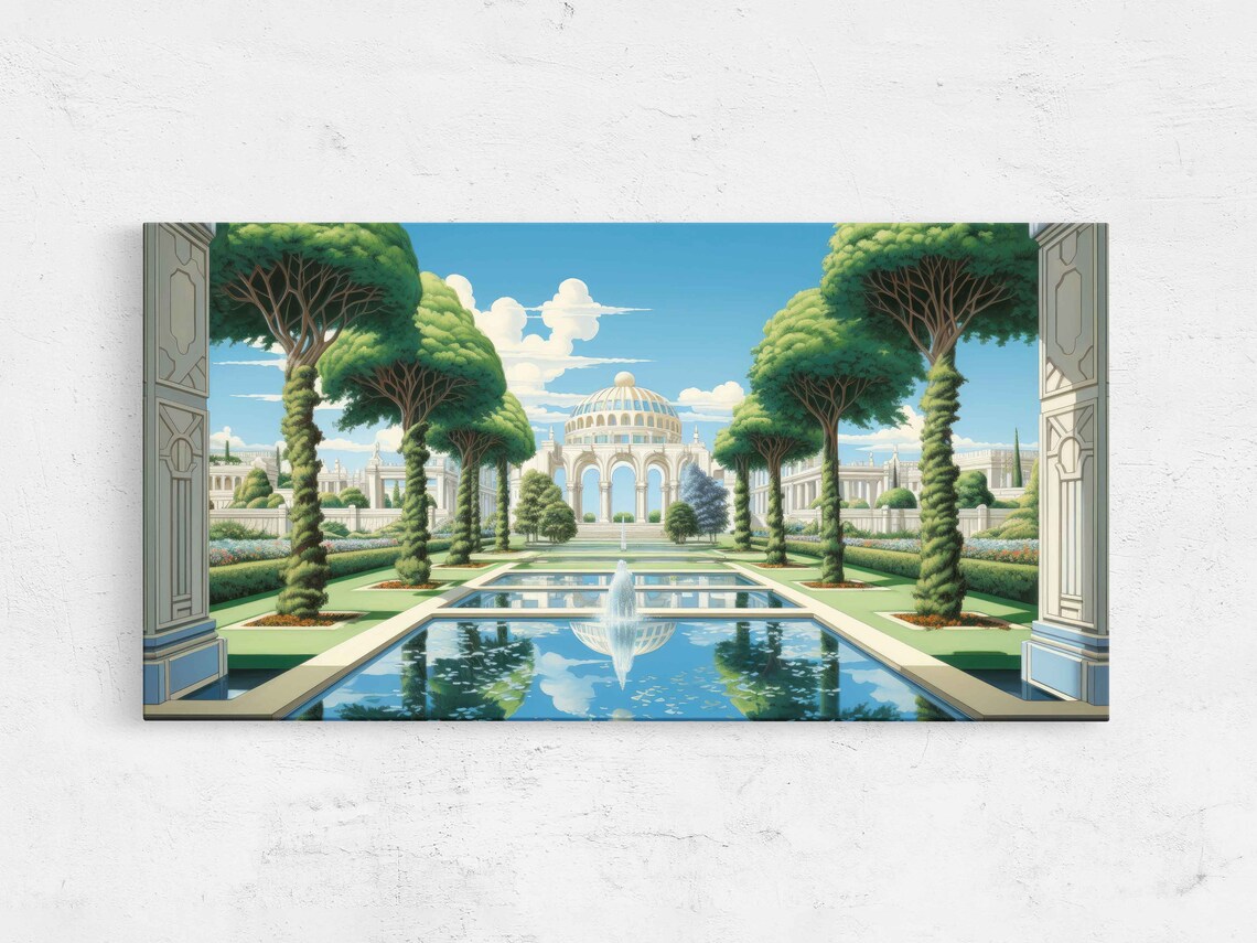 Art Deco Ponds Walk Wall Art Print Tree Lined Reflection Pond Gazebo Ready To Hang