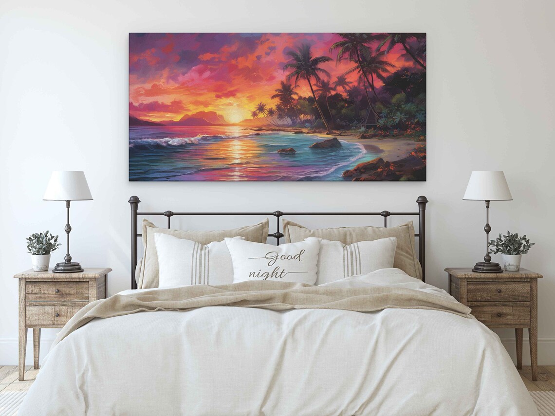 Colorful Neon Beach Sunset Oil Painting Art Print - Image 3