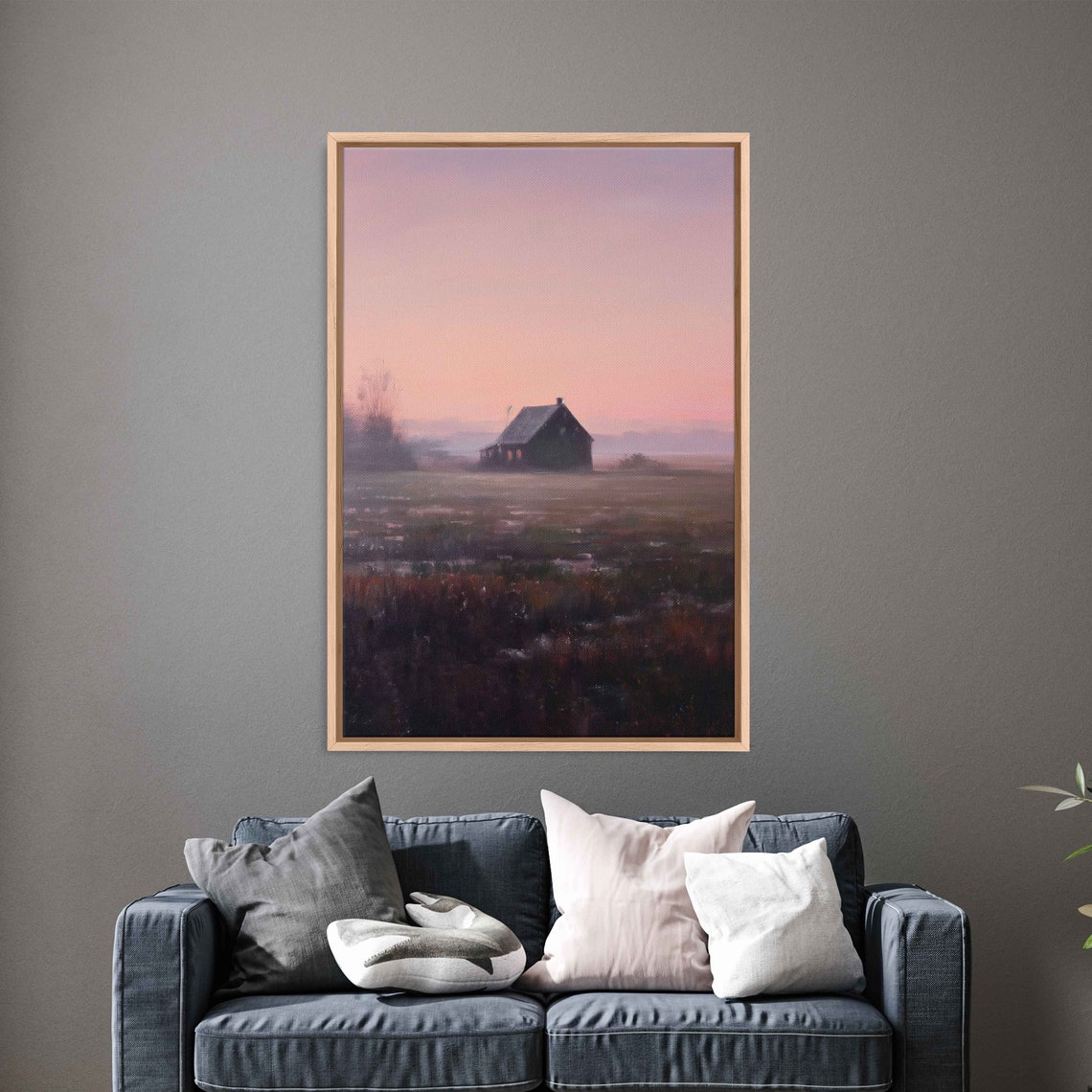 Misty Farmhouse Sunset Pink Heather Moorland Silhouette Wall Art - Image 3