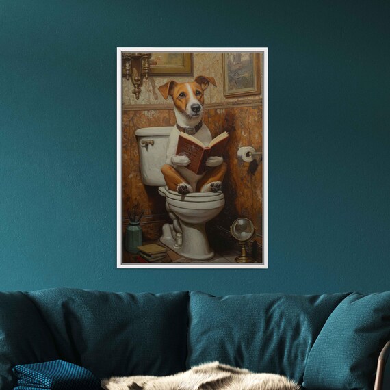 Funny Jack Russell Terrier Reading On Toilet Cozy Library Poster