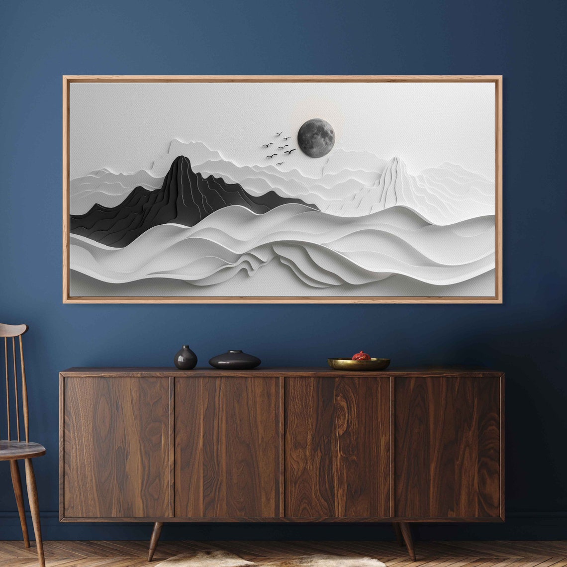 Paper Cut Layered Mountains Full Moon Birds Monochrome 3D Art Poster - Image 2