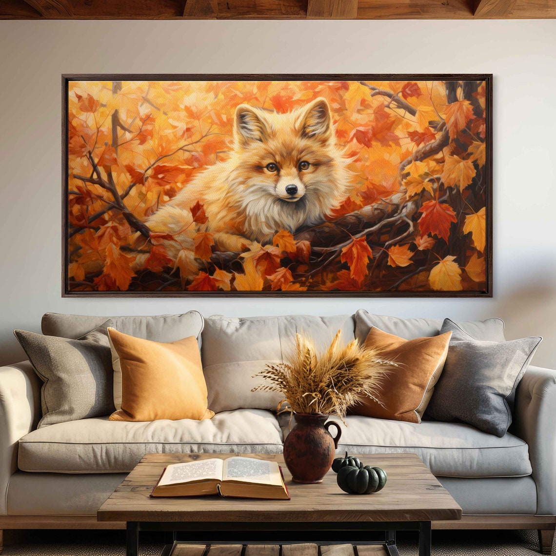 Cute Fox Face Golden Maple Leaves Autumn Close Up Wall Art Print