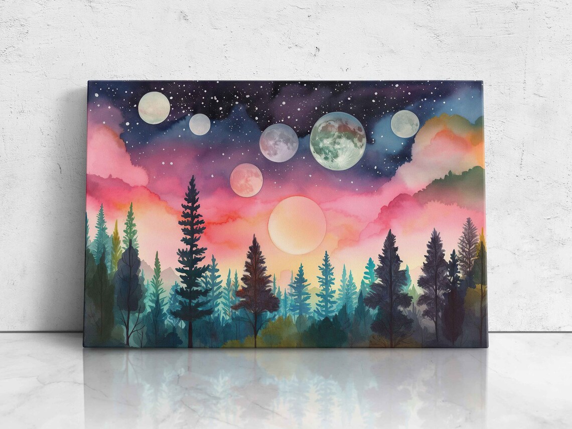 Celestial Watercolor Moons And Planets Over Pink Pine Forest Night Print