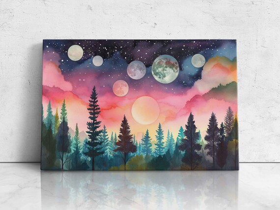 Celestial Watercolor Moons And Planets Over Pink Pine Forest Night Print