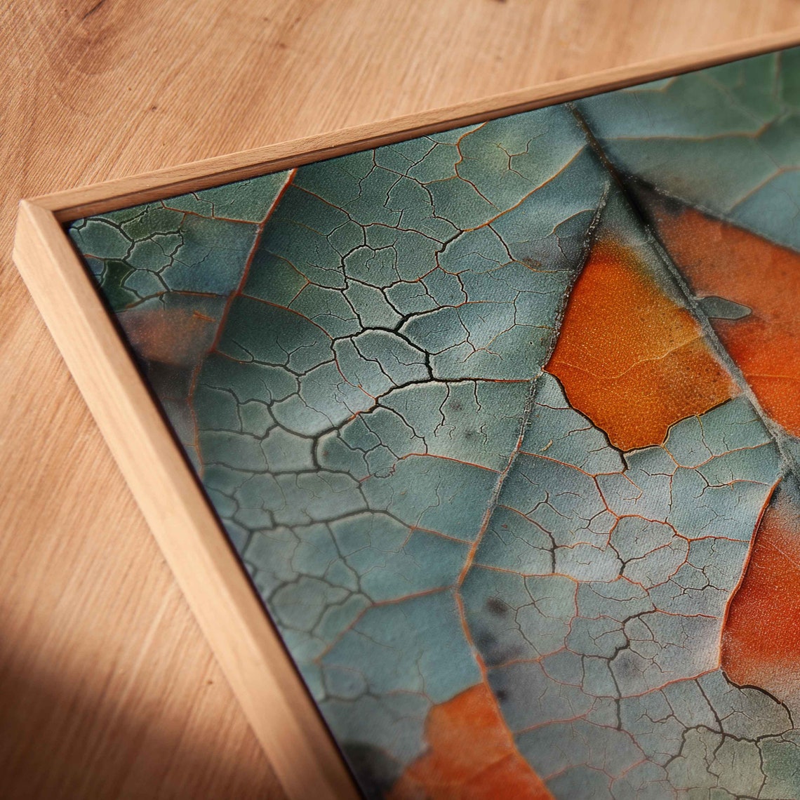 Dried Leaf Macro Close Up Teal Orange Autumn Botanical Print - Image 2