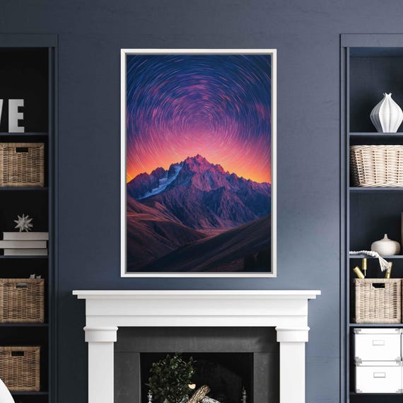 Starry Night Over Mountains Wall Art Print Vivid Colors Long Exposure Effect