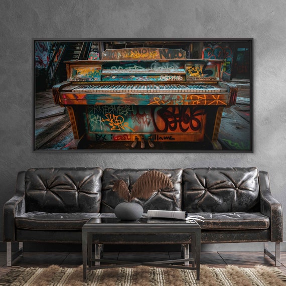 Urban Piano Covered In Vibrant Grafitti Wall Art Print Gift For Musician Abandoned Building Ready To Hang