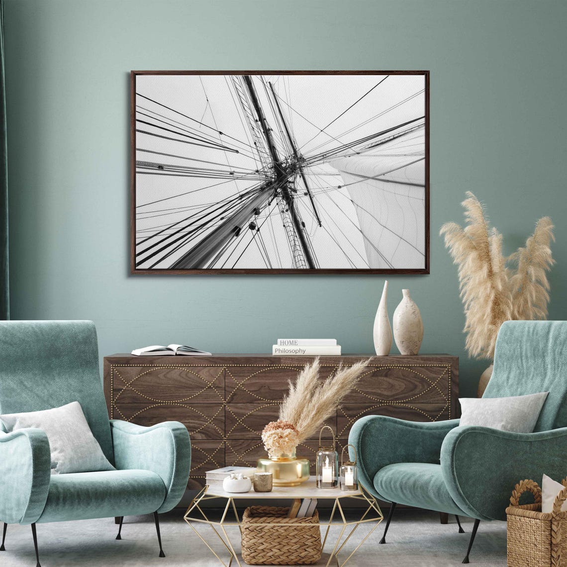Tall Ship Mast Rigging Lines Black White Minimalist Nautical Print - Image 3