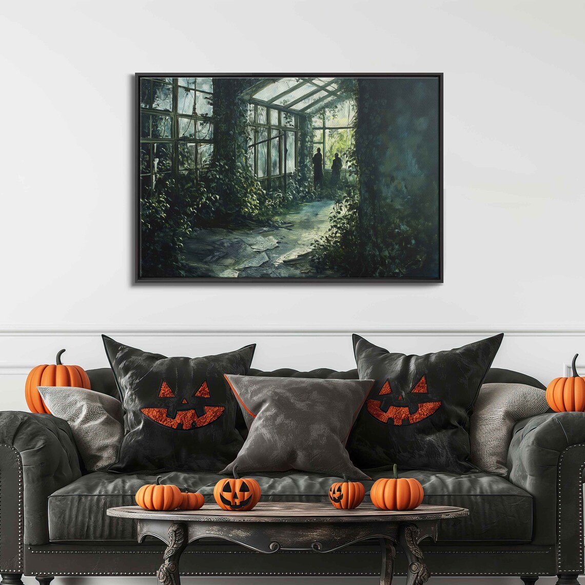 Ghostly Figures In Overgrown Greenhouse Foggy Night Halloween Art
