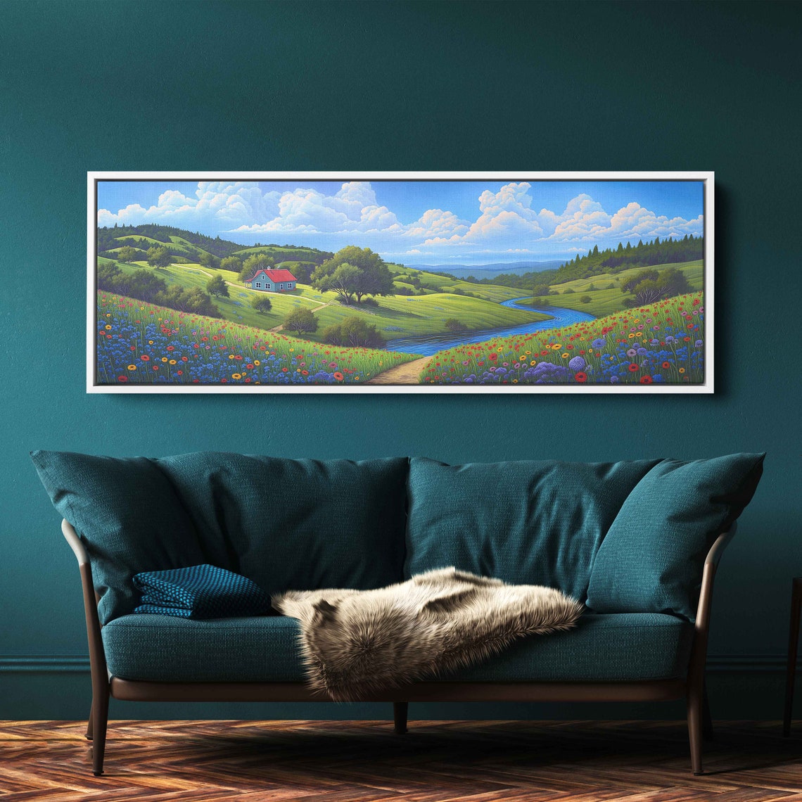 Cozy Cottage In Wildflower Meadow River Valley Panoramic Art Print - Image 3