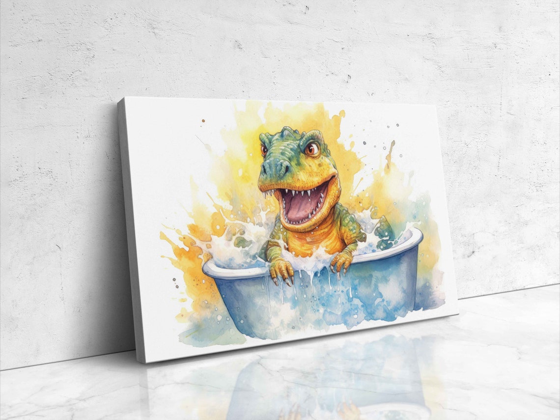 Adorable Baby T Rex in a Bathtub Watercolor Cute Dinosaur Art Poster - Image 4