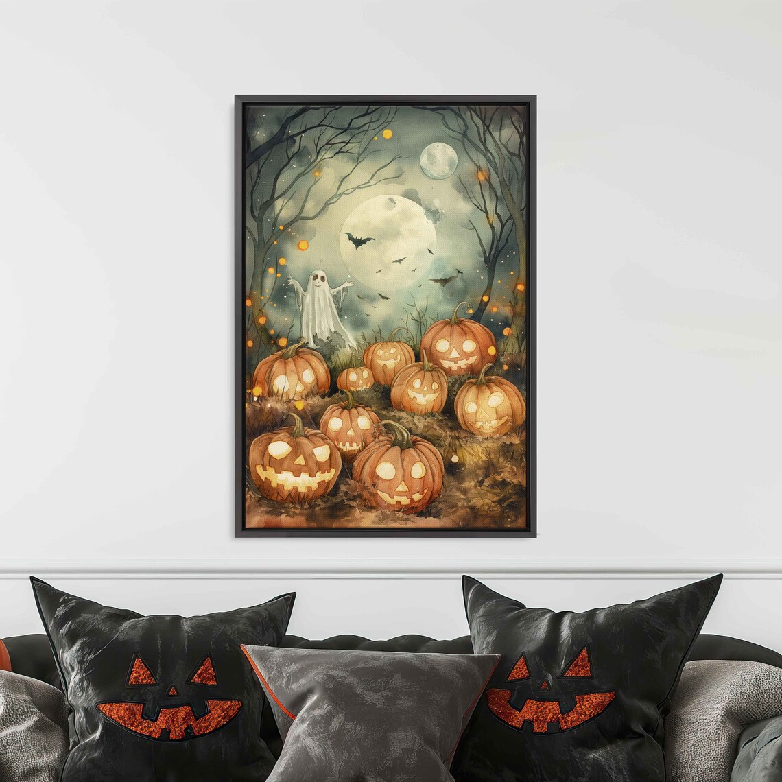 Moonlit Pumpkin Patch With Friendly Ghosts Bats And Glowing Pumpkins Wall Art