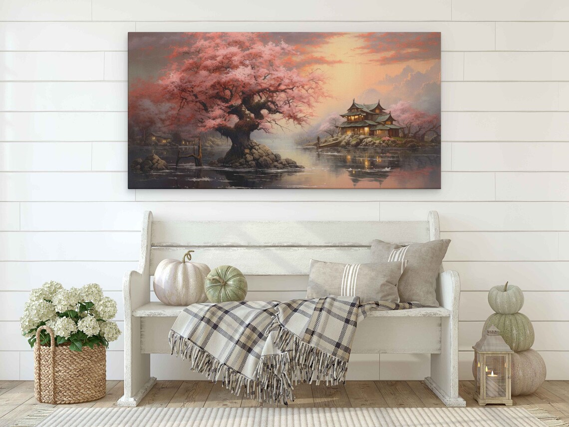 Pink Cherry Tree Blossoms On A Lake With Japanese Building Dark Cloudy Day At Sunset Print On Ready To Hang - Image 4