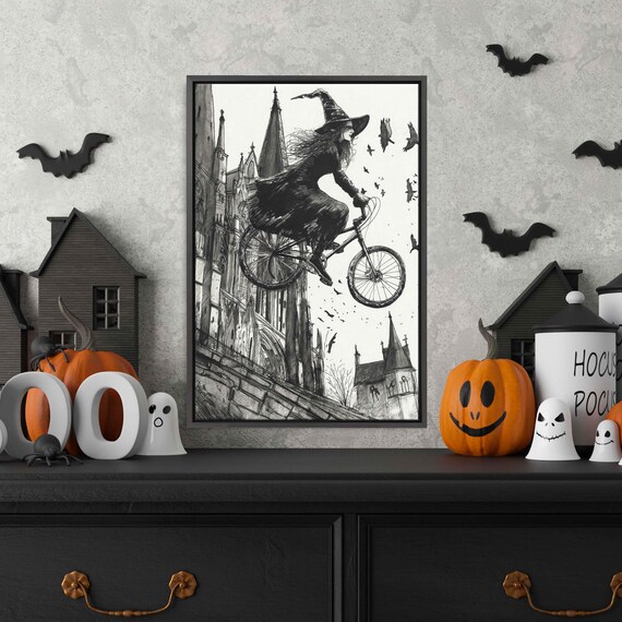 Whimsical Witch Riding Bicycle Past Gothic Cathedral Ink Drawing Halloween Poster