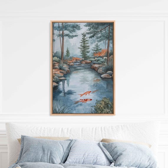 Japanese Zen Garden Wall Art Print Ethereal Watercolor Morning Fog Koi Pond Scene
