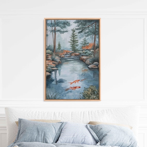 Watercolor Koi Pond Forest Stream Morning Fog Pine Trees Tranquil Art Print