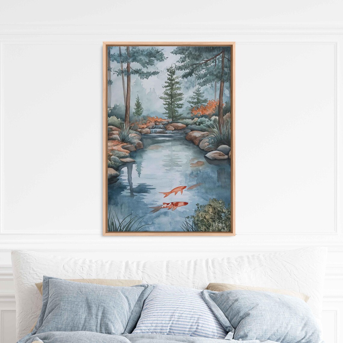 Watercolor Koi Pond Forest Stream Morning Fog Pine Trees Tranquil Art Print