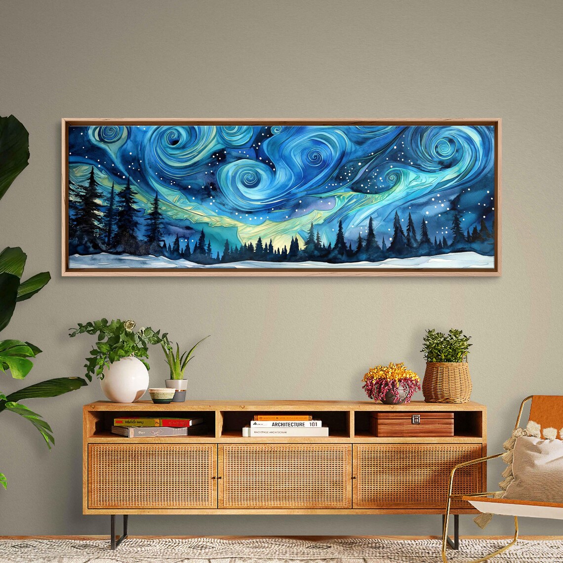 Starry Night Northern Lights Swirls Over Snowy Pine Forest Wall Art Poster - Image 3