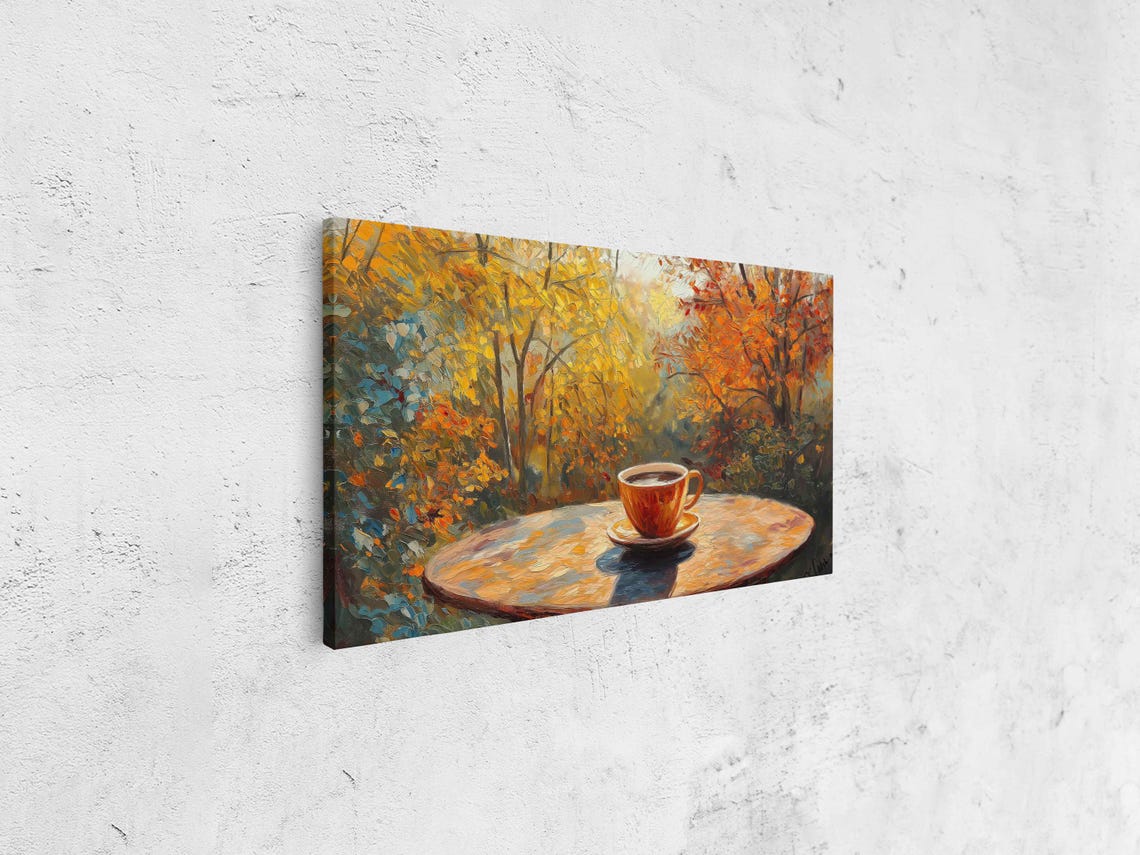Terracotta Coffee Cup On Table In Golden Autumn Woods Art Print - Image 4