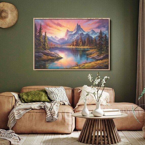 Colorful Landscape Oil Painting Mountain Lakes Forest Framed Print Ready To Hang Living Room Decor