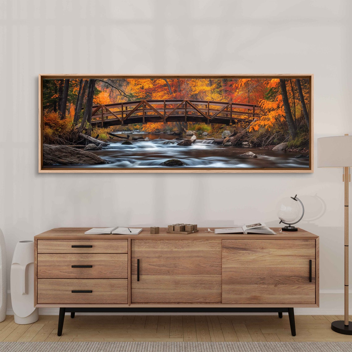 Rustic Wooden Bridge Over River In Autumn Forest Panoramic Poster - Image 3