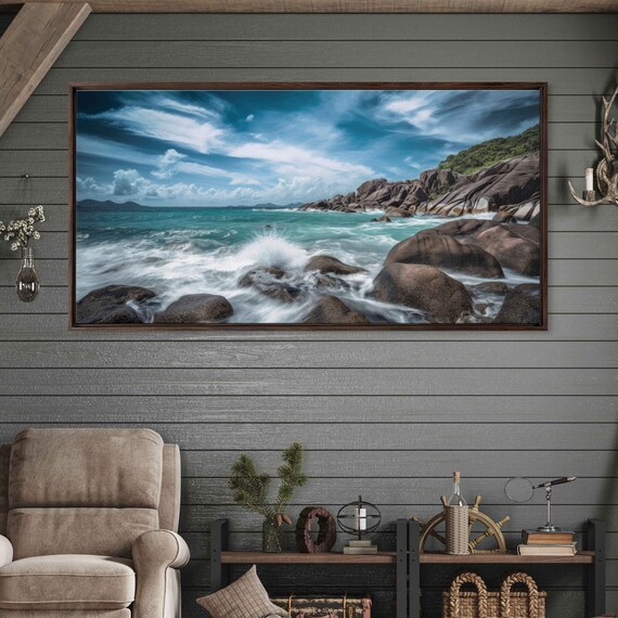 Granite Boulder Coastline Crashing Turquoise Waves Dramatic Clouds Seascape Poster