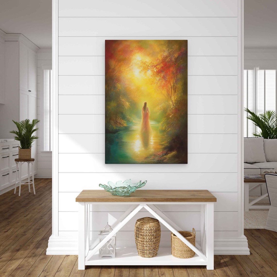 Woman Standing In River At Golden Sunrise Dreamy Forest Art Poster - Image 2
