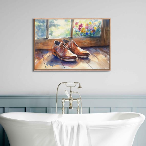 Vintage Leather Shoes Wall Art Print Watercolor Painting Rustic Charm Sunlit Atmosphere