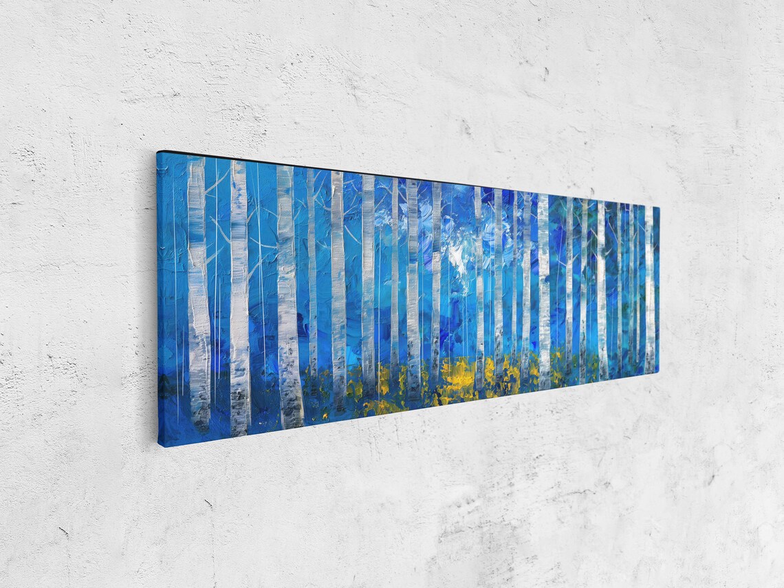 Birch Trees Lined Up Panoramic Acrylic Wall Art Print Impressionist Art Tiny Branches Gift For Naturalist Ready To Hang - Image 4