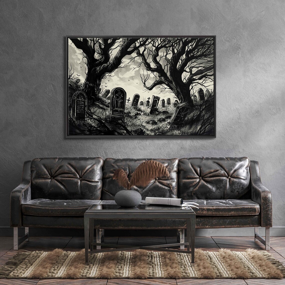 Gothic Graveyard Twisted Trees Foggy Night Ink Art Halloween Wall Poster - Image 3