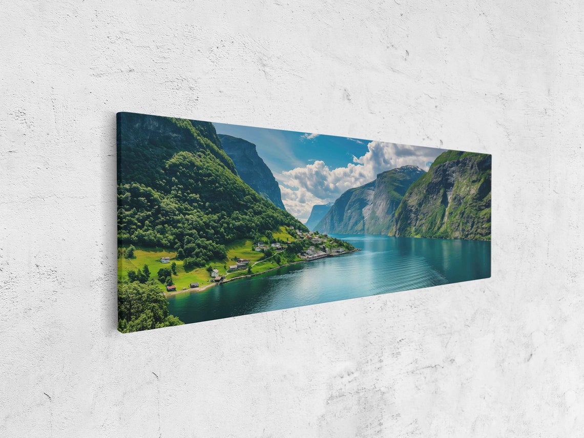Norwegian Fjords Panoramic Photo Green Cliffs Calm Blue Waters Art - Image 4