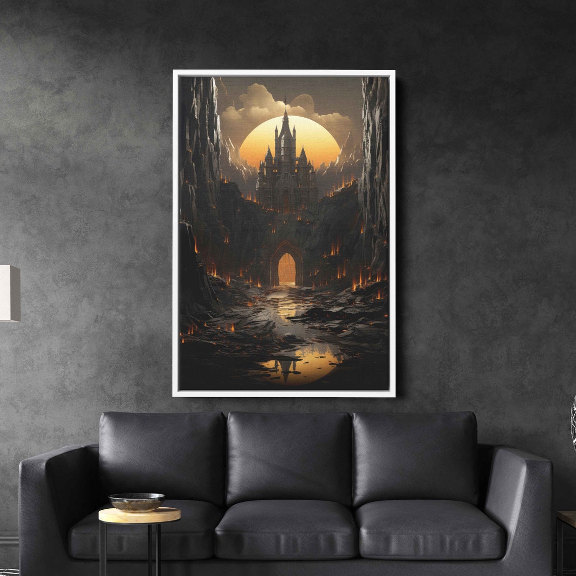 Dark Gothic Castle Cliff Huge Orange Sun Fantasy Epic Art Poster - Image 2