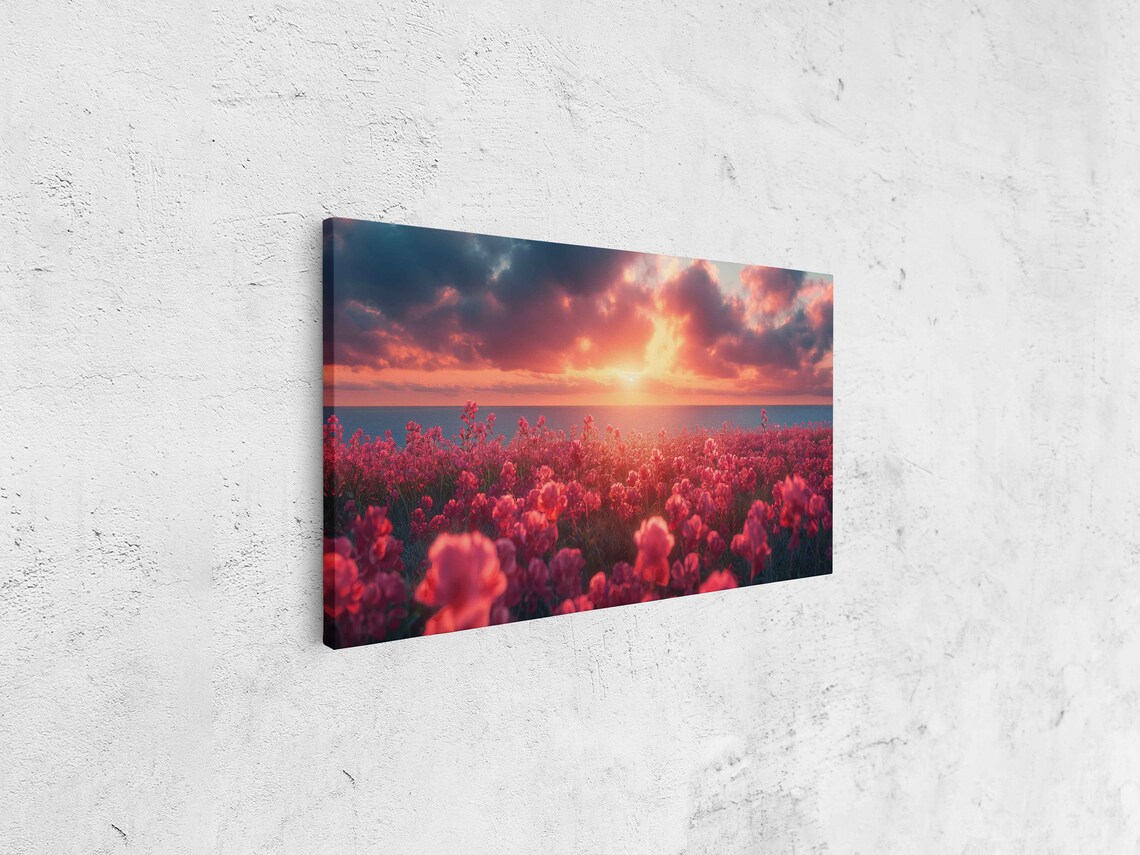Pink Flower Field Sunset Ocean Horizon Dramatic Clouds Landscape Poster - Image 4