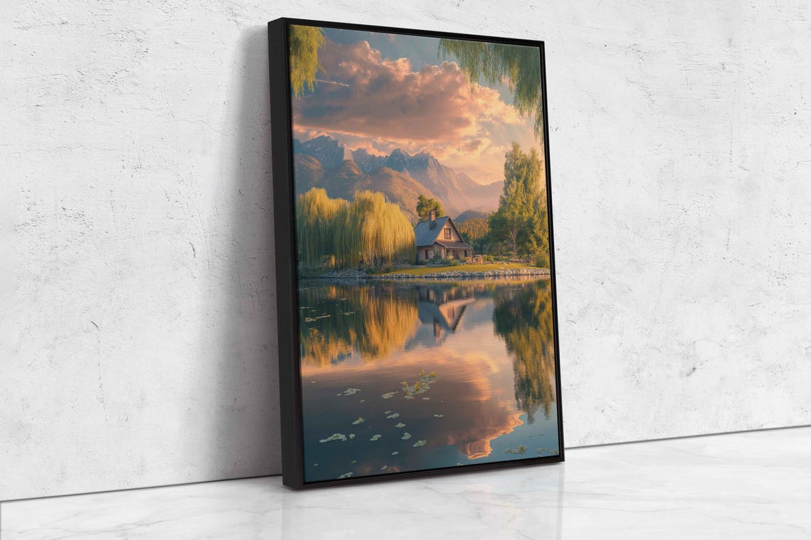 Tranquil Cottage By Lake Surrrounded By Weeping Willow Trees Wall Art Print Cloudy Mountain Range Ready To Hang - Image 4