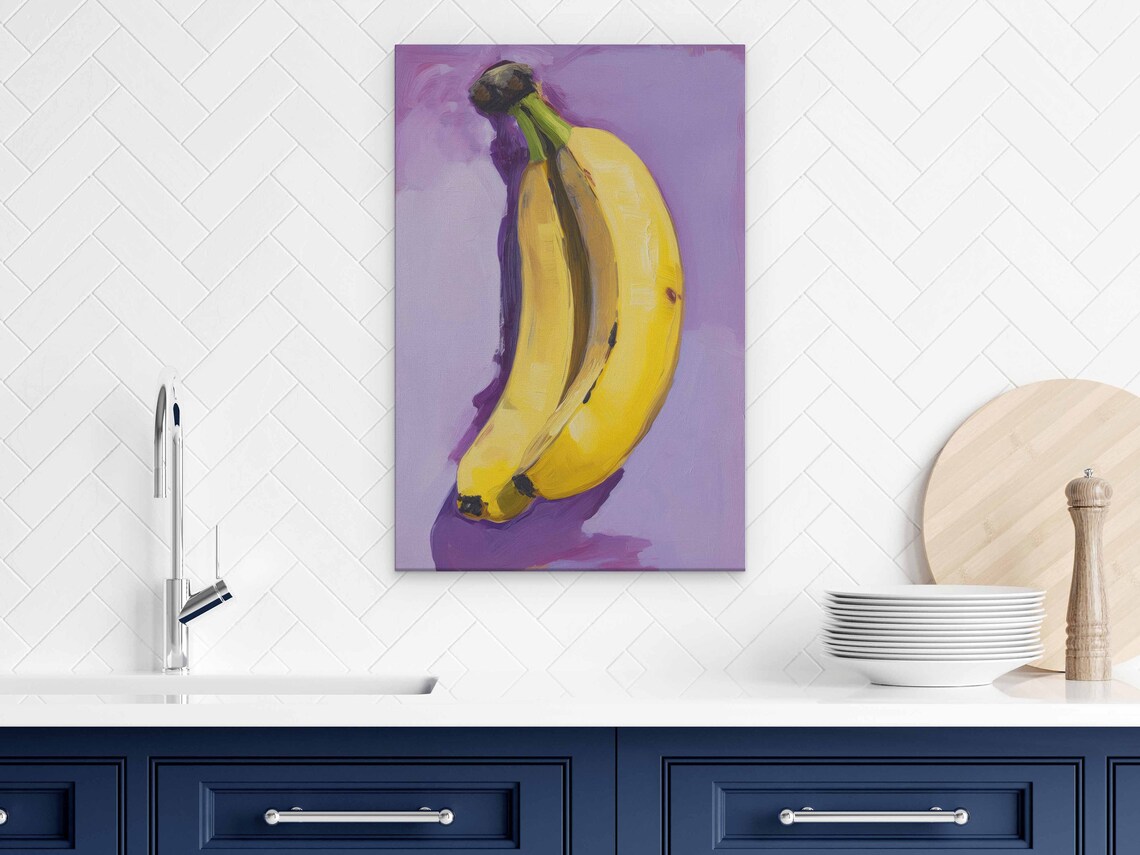 Bananas Oil Painting On Purple Background Print On Ready To Hang Kitchen Decor - Image 3