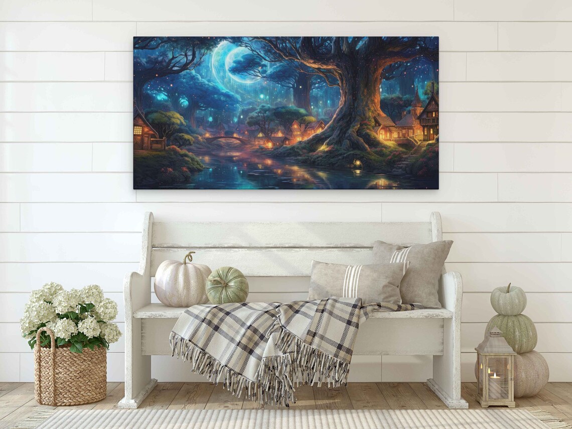 Moonlit Enchanted Forest Village River Starry Night Fantasy Landscape Poster - Image 2