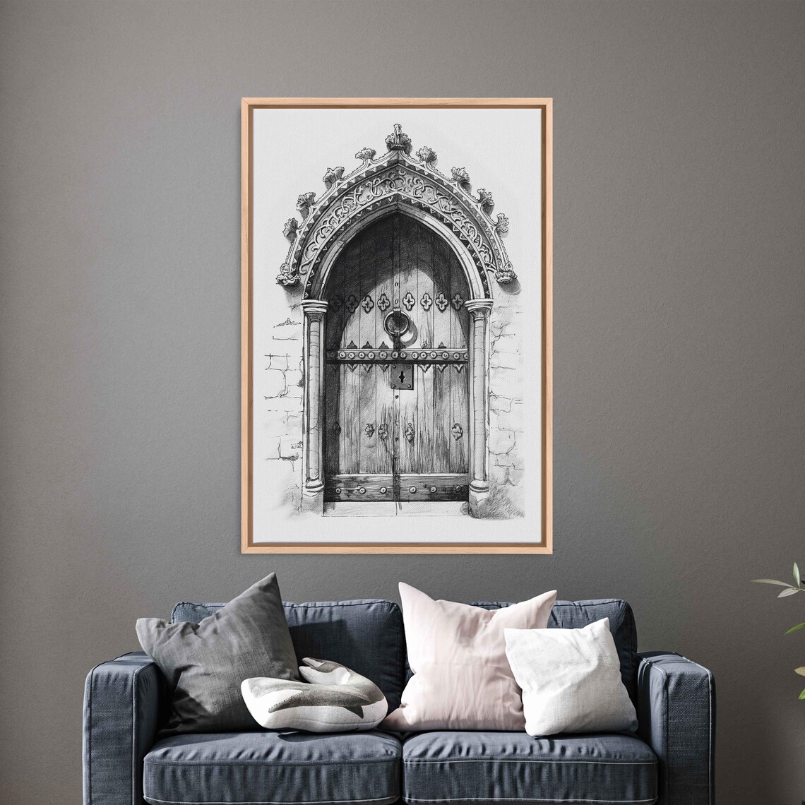 Ornate Gothic Castle Door Ink Sketch With Carved Stone Archway Medieval Art Poster