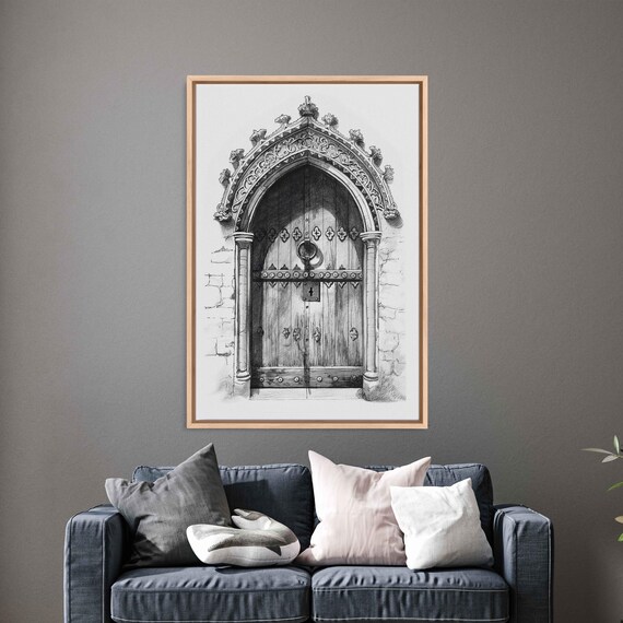 Ornate Gothic Castle Door Ink Sketch With Carved Stone Archway Medieval Art Poster