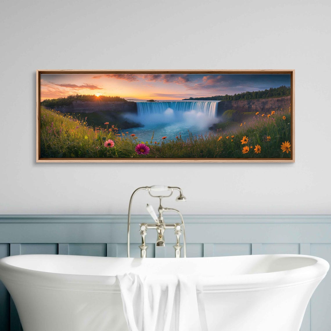 Horseshoe Falls Sunset Panoramic Pink Orange Wildflowers Nature Poster