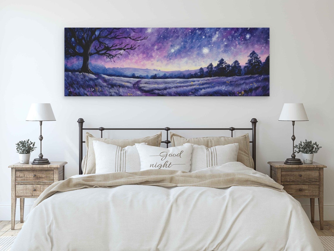 Starry Night Lavender Field Lone Tree Silhouette Panoramic Art Print - Image 3