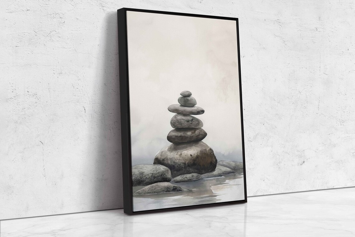 Balanced Stone Cairn Zen Rock Stack Calm Water Minimalist Painting Print - Image 4