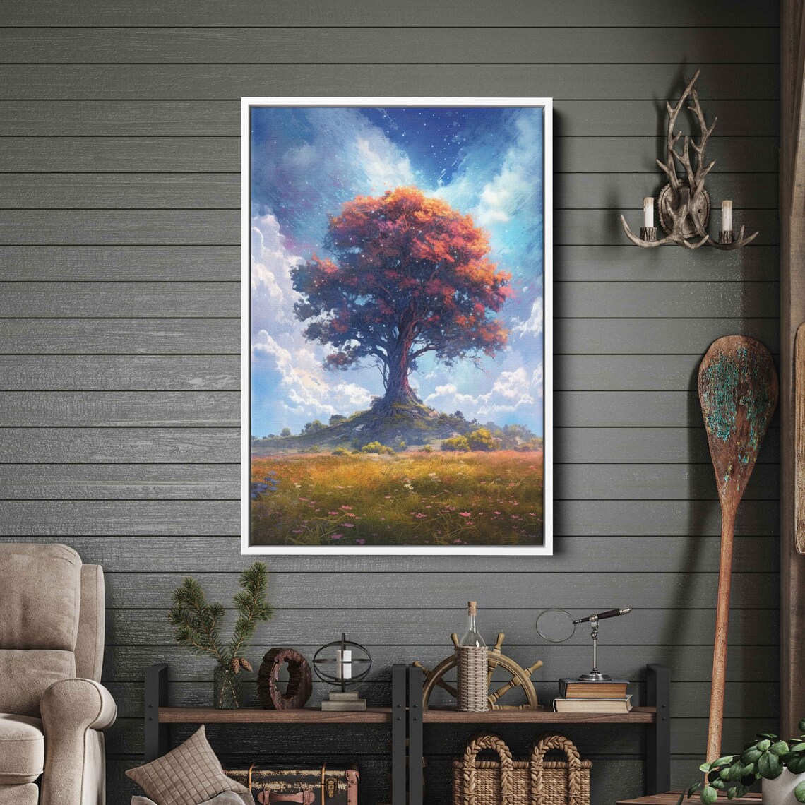 Colorful Ancient Tree In An Open Field Colorful Cloudy Skies Framed Print Ready To Hang - Image 3