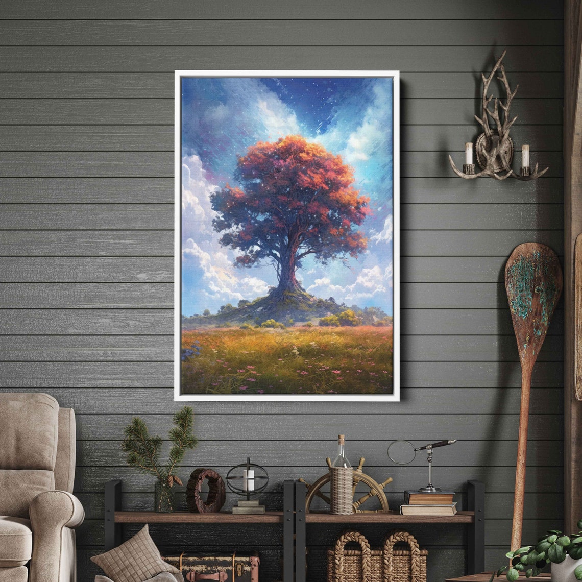 Fiery Orange Tree on Hill Starry Twilight Sky Golden Field Art Poster - Image 3