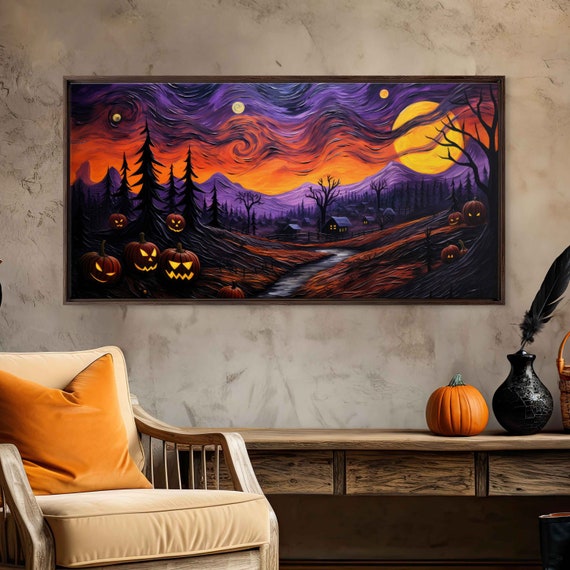 Starry Night Van Gogh Inspired Halloween Wall Art Print Spooky Town Jack O Lanterns Ready To Hang